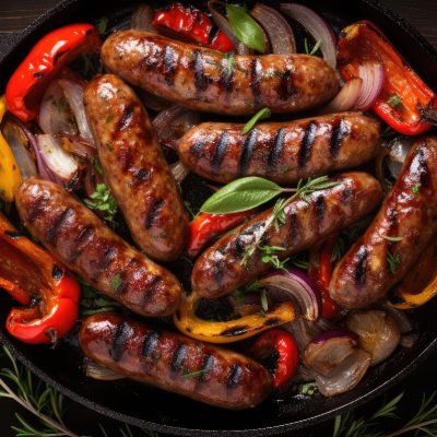 Grilled Italian sausage with peppers onions herbs and tomatoes closeup in a frying pan on the table